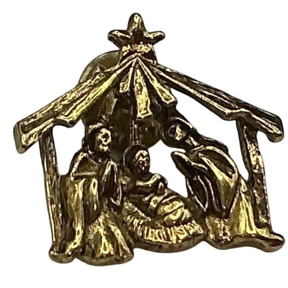 Vintage Nativity Scene Manger Brooch • Holy Family Pin‎ Christian Christmas